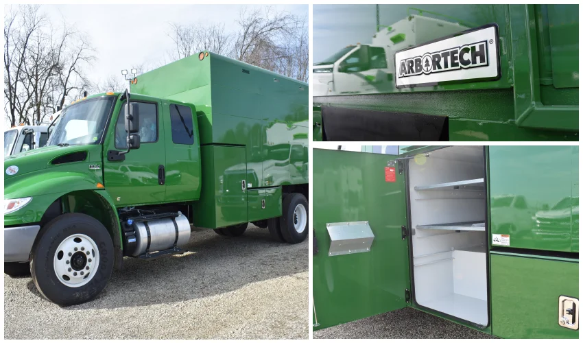Arbortech truck body exterior and storage compartments on a green commercial vehicle